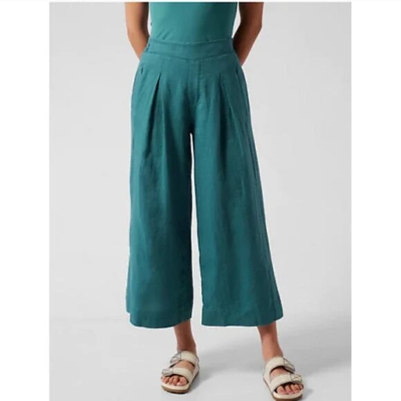 Athleta Playa Linen Wide Leg Crop Borealis Green Blue Pull On Pant - Picture 1 of 10